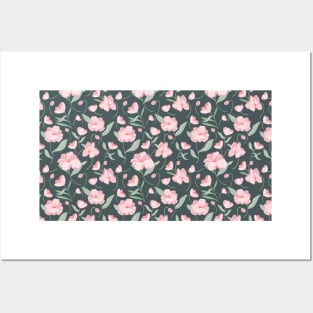 Pink flowers on dark green seamless pattern Posters and Art